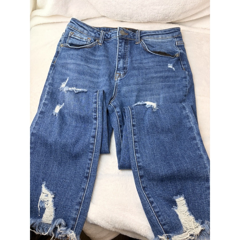 RISEN Distressed Slim Straight Leg Jeans Medium Wash Raw Frayed Hem Size 29 / 9